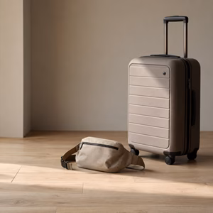 Bauchtasche und Handgepäck auf dem Boden Handgepäck-Regeln für Handgepäck-Regelnde