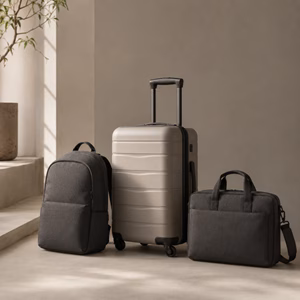 Rucksack, Reisekoffer und Laptoptasche stehen in weißem Raum Ist Wenger eine gute Marke für Reisegepäck? Handgepäck-Regeln für Handgepäck-Regelnde