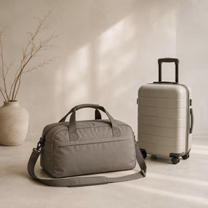 Kompakte Reisetasche neben einem Handgepäckkoffer Kann man eine Reisetasche als Handgepäck nehmen? Handgepäck-Regeln für Handgepäck-Regelnde