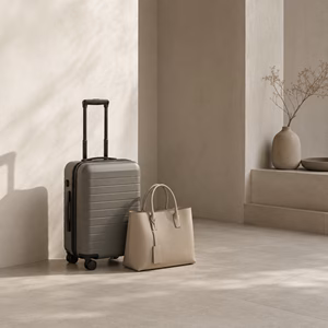 Handtasche neben Handgepäckkoffer Handgepäck-Regeln für Handgepäck-Regelnde.
