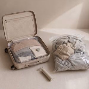 Handgepäckkoffer mit komprimierter Kleidung im Vakuumbeutel Sind Vakuumbeutel wirklich für Reisen geeignet? Handgepäck-Regeln für Handgepäck-Regelnde