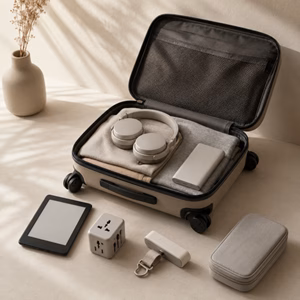 Handgepäckkoffer mit ausgewählten Reise-Gadgets Welche Gadgets sind gut im Handgepäck? Handgepäck-Regeln für Handgepäck-Regelnde