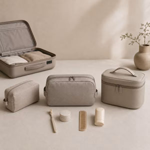 Unterschiedlich große Kosmetiktaschen neben Reiseutensilien Welche Größe ist für eine Kosmetiktasche optimal? Handgepäck-Regeln für Handgepäck-Regelnde