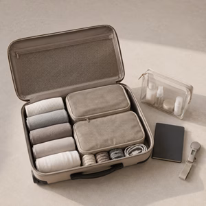 Platzsparend gepackter Handgepäckkoffer mit Reiseutensilien Welche Handgepäck Hacks und Tricks gibt es? Handgepäck-Regeln für Handgepäck-Regelnde