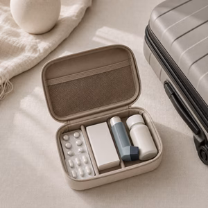 Reiseapotheke mit Medikamenten neben Handgepäck Welche Medikamente dürfen ins Handgepäck? Handgepäck-Regeln für Handgepäck-Regelnde