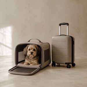 Kleiner Hund in einer Transporttasche neben Handgepäckkoffer Wie schwer darf ein Hund im Flugzeug als Handgepäck sein? Handgepäck-Regeln für Handgepäck-Regelnde