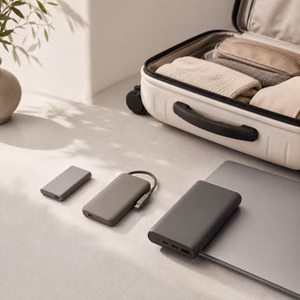 Drei unterschiedlich große Powerbanks neben einem Handgepäckkoffer Beste Powerbank für Handgepäck? Handgepäck-Regeln für Handgepäck-Regelnde