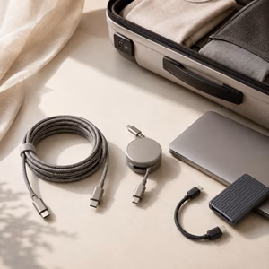 Drei unterschiedliche USB-C-Ladekabel neben einem Handgepäckkoffer Bestes Ladekabel für Handgepäck? Handgepäck-Regeln für Handgepäck-Regelnde