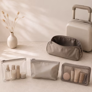 Drei unterschiedliche Einlagen für Kosmetiktaschen neben einem kleinen Handgepäckstück Welche Einlage für Kosmetiktasche? Handgepäck-Regeln für Handgepäck-Regelnde