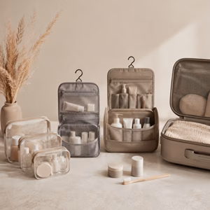Transparente Beutel und zwei unterschiedlich große Kosmetiktaschen neben einem Handgepäckstück Welche Kosmetiktasche ist die Beste? Handgepäck-Regeln für Handgepäck-Regelnde