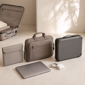 Drei unterschiedlich schützende Laptoptaschen neben einem Handgepäckstück Welche Laptoptasche ist die Beste? Handgepäck-Regeln für Handgepäck-Regelnde
