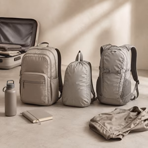 Drei unterschiedliche Tagesrucksäcke neben Reiseutensilien und Handgepäck Welcher Tagesrucksack ist der Beste? Handgepäck-Regeln für Handgepäck-Regelnde