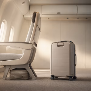 Kleine Tasche unter Flugzeugsitz neben Handgepäckkoffer Eurowings Handgepäck Regeln Handgepäck-Regeln für Handgepäck-Regelnde