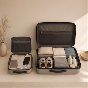 Handgepäck und Reisekoffer mit getrennten Reiseutensilien Packliste Koffer und Handgepäck Handgepäck-Regeln für Handgepäck-Regelnde
