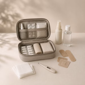 Geöffnete Reiseapotheke mit Medikamenten und Verbandsmaterial Packliste Reiseapotheke Handgepäck-Regeln für Handgepäck-Regelnde