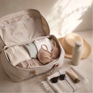 Sommerkleidung und Sonnenschutz neben einer Reisetasche Packliste Sommerurlaub Handgepäck-Regeln für Handgepäck-Regelnde