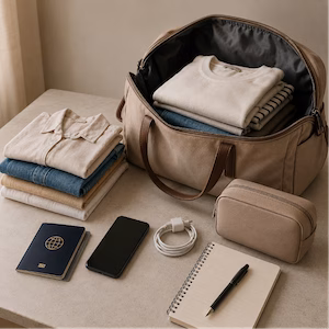 Geöffnete Reisetasche mit geordneten Urlaubssachen Packliste Urlaub Handgepäck-Regeln für Handgepäck-Regelnde