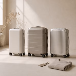Drei unterschiedliche Handgepäckkoffer im RIMOWA-Stil neben Reiseutensilien Welcher Rimowa Koffer passt ins Handgepäck? Handgepäck-Regeln für Handgepäck-Regelnde