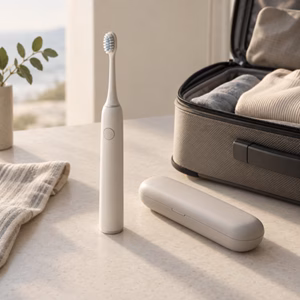 Elektronische Zahnbürste mit Reiseetui neben einer Handgepäcktasche Elektronische Zahnbürste im Handgepäck Handgepäck-Regeln für Handgepäck-Regelnde