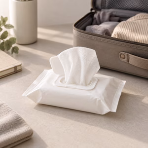 Geöffnete Packung Feuchttücher neben einer Handgepäcktasche Feuchttücher im Handgepäck Handgepäck-Regeln für Handgepäck-Regelnde