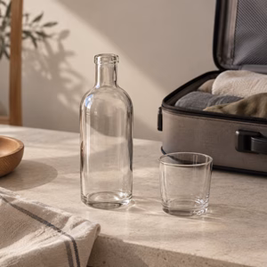 Leere Glasflasche und Glas neben einer Handgepäcktasche Gläser und Flaschen im Handgepäck Handgepäck-Regeln für Handgepäck-Regelnde