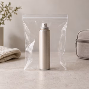 Kleine Haarspraydose im transparenten Flüssigkeitsbeutel Haarspray im Handgepäck Handgepäck-Regeln für Handgepäck-Regelnde