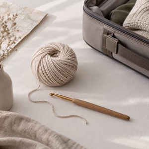 Häkelnadel und Garn neben einer Handgepäcktasche Häkelnadel im Handgepäck Handgepäck-Regeln für Handgepäck-Regelnde