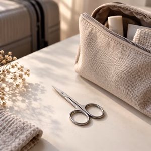 Kleine Nagelschere neben heller Kulturtasche Nagelschere im Handgepäck Handgepäck-Regeln für Handgepäck-Regelnde
