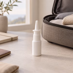 Nasenspray neben einer geöffneten Handgepäcktasche Nasenspray im Handgepäck Handgepäck-Regeln für Handgepäck-Regelnde