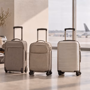 Drei unterschiedlich konstruierte leichte Handgepäck-Trolleys auf einer Reisefläche Welcher Handgepäck Trolley wiegt unter 2 kg Handgepäck-Regeln für Handgepäck-Regelnde