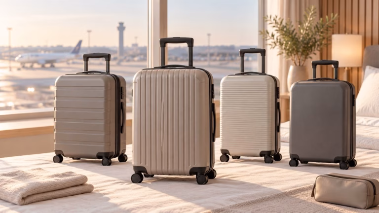 Vier unterschiedliche Handgepäck-Koffer auf einer reduzierten Packfläche Welcher Handgepäck-Koffer ist der beste? Handgepäck-Regeln für Handgepäck-Regelnde