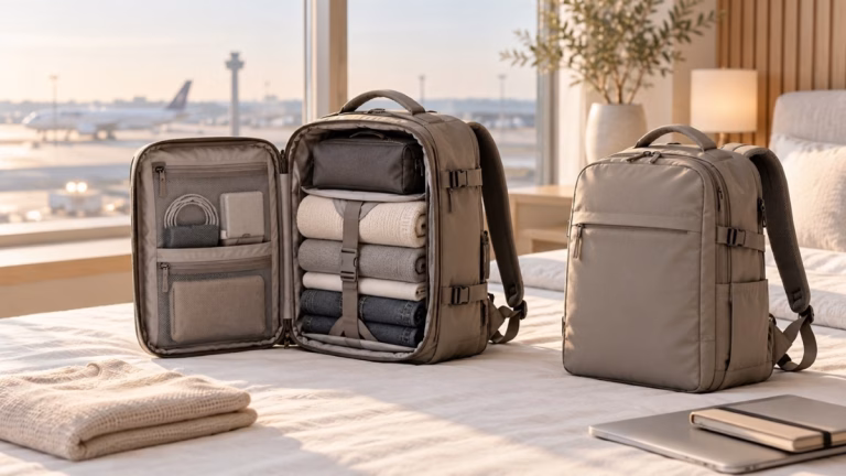 Zwei unterschiedlich kompakte Handgepäck-Rucksäcke auf einer reduzierten Packfläche Welcher Handgepäck-Rucksack ist der beste? Handgepäck-Regeln für Handgepäck-Regelnde
